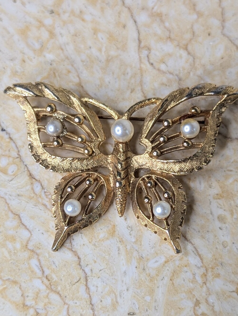 Vintage Filigree Butterfly Gold Tone Faux Pearl Cottagecore Accent Brooch Pin